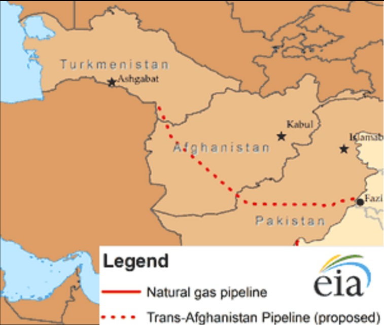 A map of the proposed route of TAPI by the U.S. Energy Information Administration (image from Wikipedia)